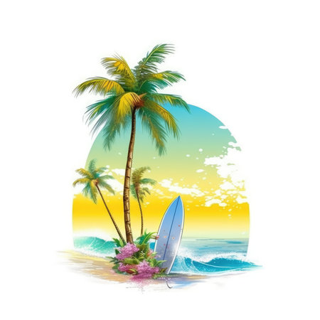 Tropical beach with palm trees and surfboard, Summer Splash Prints, vector tropical illustrationの素材