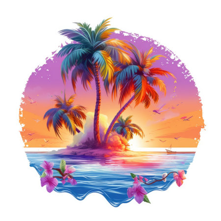 Tropical island with palm trees and flowers, Summer Splash Prints, vector tropical illustrationの素材