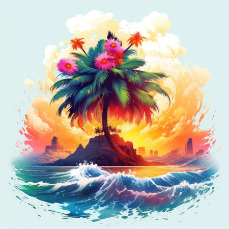 Palm tree and sunset in the background of the sea, Summer Splash Prints, vector tropical illustrationの素材