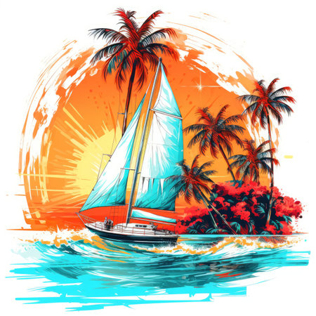 Tropical island with palm trees and sailboat, Summer Splash Prints, vector tropical illustrationの素材