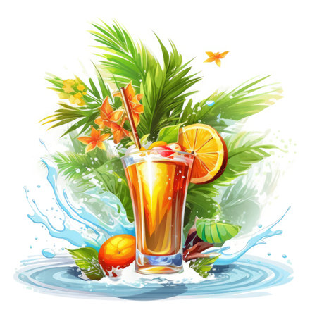 Cocktail with orange, water splash and palm leaves, Summer Splash Prints, vector tropical illustrationの素材