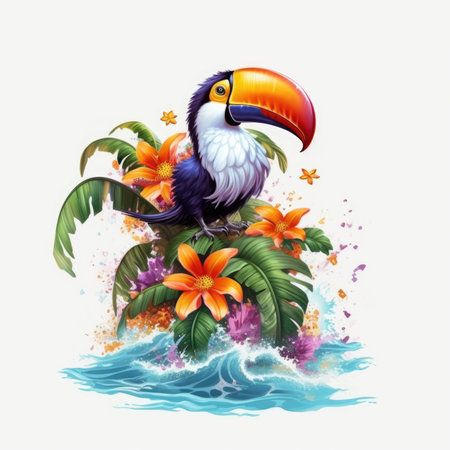 Tropical island with toucan bird and flowers on white background illustration, Summer Splash Prints, vector tropical illustrationの素材
