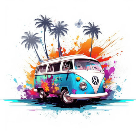 Vintage hippie bus with colorful splashes. Vector illustration, Summer Splash Prints, vector tropical illustrationの素材