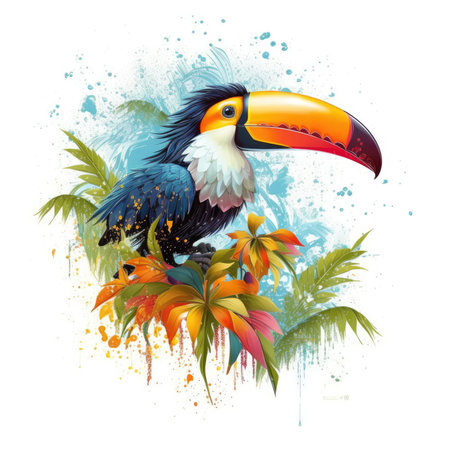 Toucan with tropical flowers and leaves on white background. Vector illustration, Summer Splash Prints, vector tropical illustrationの素材