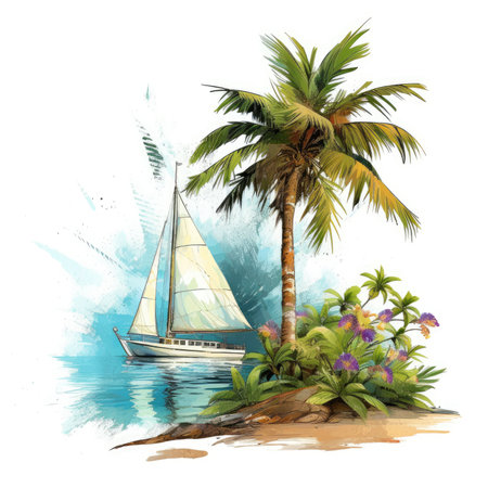 Tropical island with palm trees and sailboat. Watercolor hand drawn illustration, Summer Splash Prints, vector tropical illustrationの素材