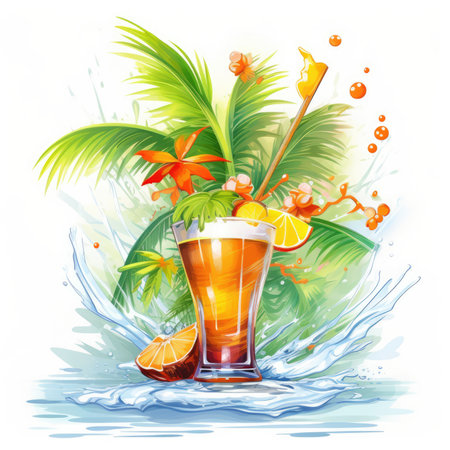 Tequila sunrise cocktail with palm leaves and orange. Vector illustration, Summer Splash Prints, vector tropical illustrationの素材