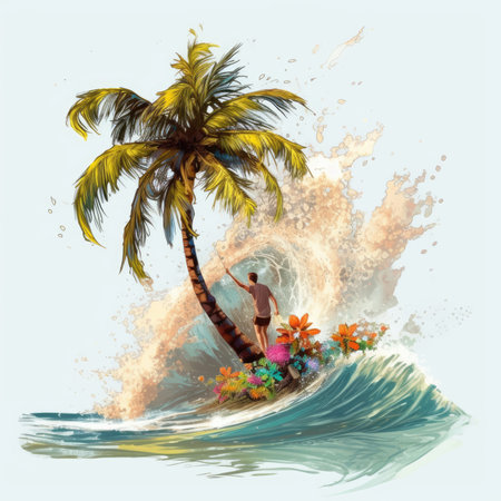 Surfer on the ocean wave with palm tree and flowers. Vector illustration, Summer Splash Prints, vector tropical illustrationの素材