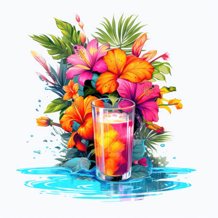Illustration of a glass with a cocktail and tropical flowers on a white background, Summer Splash Prints, vector tropical illustrationの素材