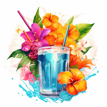 Tropical hawaiian cocktail with tropical flowers. Vector illustration, Summer Splash Prints, vector tropical illustrationの素材