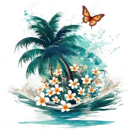 Tropical island with palm trees, flowers and butterflies. Vector illustration, Summer Splash Prints, vector tropical illustrationの素材