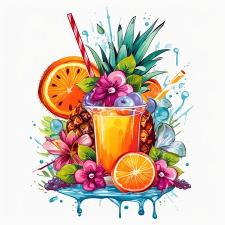 Fruit juice in a glass with watercolor splashes. Vector illustration, Summer Splash Prints, vector tropical illustrationの素材