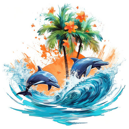 Tropical island with palm trees and dolphins. Vector illustration, Summer Splash Prints, vector tropical illustrationの素材