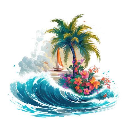 Tropical island with palm trees and flowers. Vector illustration, Summer Splash Prints, vector tropical illustrationの素材