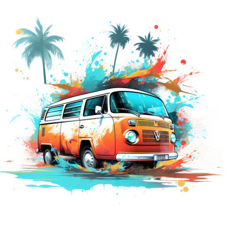 Vintage van with grunge splashes and palm trees. Vector illustration, Summer Splash Prints, vector tropical illustrationの素材