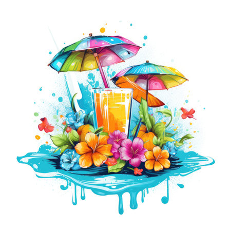 Vector illustration of a glass of juice, umbrella, flowers and butterflies, Summer Splash Prints, vector tropical illustrationの素材