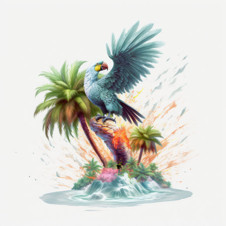 Parrot on the island with palm trees and splashes of water, Summer Splash Prints, vector tropical illustrationの素材
