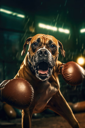 boxer dog with boxing gloves in the gym on a dark backgroundの素材