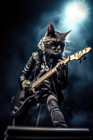 A cat in a leather jacket plays the electric guitar on a dark background.の素材