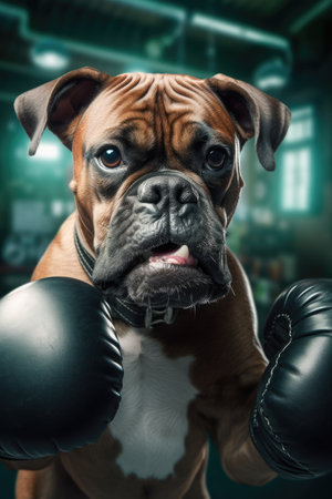 boxer dog portrait with boxing gloves on the background of a gymの素材