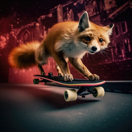 Cute fox on skateboard in dark room. animal theme.の素材