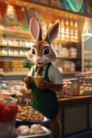Rabbit in a supermarket. Easter bunny with a cup of coffeeの素材