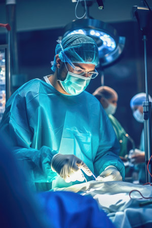 Group of surgeons in operating room take with art lighting and blue filterの素材