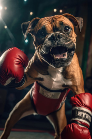 Boxer dog in red boxing gloves. Boxer training in boxing ringの素材
