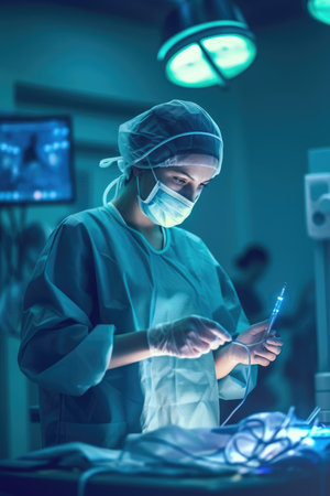 Portrait of a female surgeon at work in operating theater toned in blueの素材