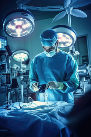 Surgeon in operating room. Group of surgeons in operating room with surgery equipment.の素材