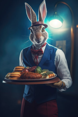 Easter bunny with tray of food on dark background. holiday concept.の素材