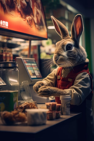 Rabbit in a bakery shop. Retro style toned picture.の素材