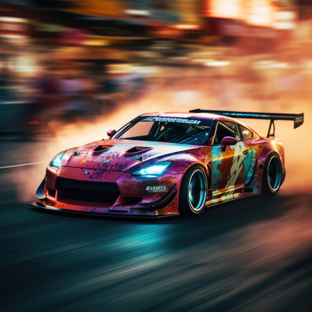 Racing car on the road at night with motion blur effect.の素材