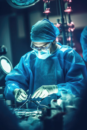 veterinarian surgery in operation room take with art lighting and blue filterの素材