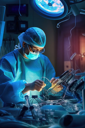 veterinarian surgeons in operating room take with art lighting and blue filterの素材