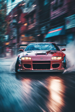 Beautiful red sport car driving on the street in New York Cityの素材