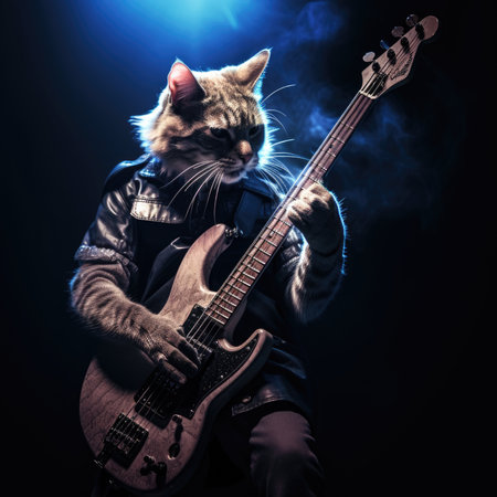 Cute cat in leather jacket with electric guitar on a dark background, the cat on the stage plays the guitar and singsの素材