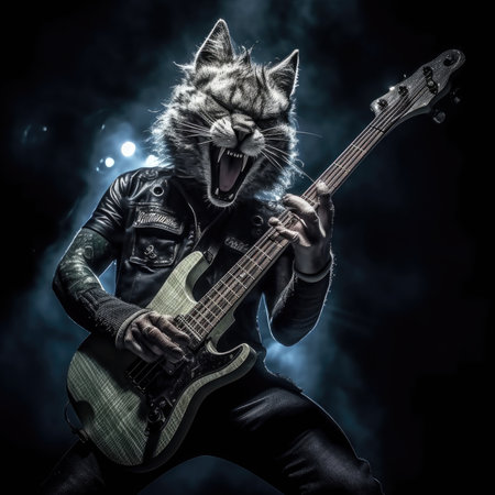 Cat in leather jacket with electric guitar on a dark background with smoke, the cat on the stage plays the guitar and singsの素材