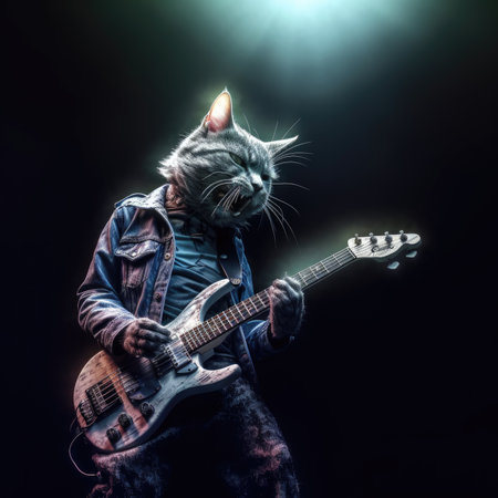 Fashionable cat playing the electric guitar on a dark background, the cat on the stage plays the guitar and singsの素材