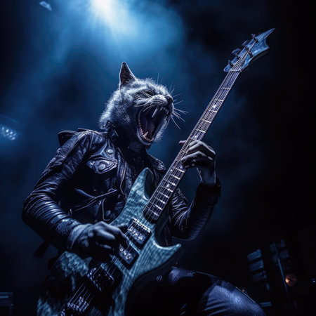 Guitarist in black leather jacket playing electric guitar on stage, the cat on the stage plays the guitar and singsの素材