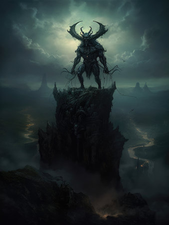 Fantasy scene with a dragon on top of a mountain in the fog. Dark fantasy illustration, dark atmosphereの素材