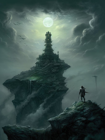 Fantasy scene with a man standing on top of a giant pagoda. Dark fantasy illustration, dark atmosphereの素材