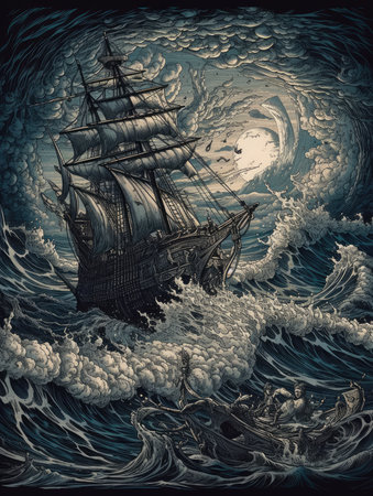Sailing ship in stormy sea. Fantasy and imagination illustration. Dark fantasy illustration, dark atmosphereの素材