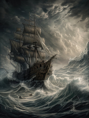 Pirate ship in stormy ocean. 3D rendering illustration. Dark fantasy illustration, dark atmosphereの素材