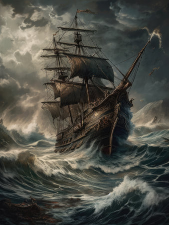 Sailing ship in stormy sea, digital painting illustration, 3d illustration. Dark fantasy illustration, dark atmosphereの素材