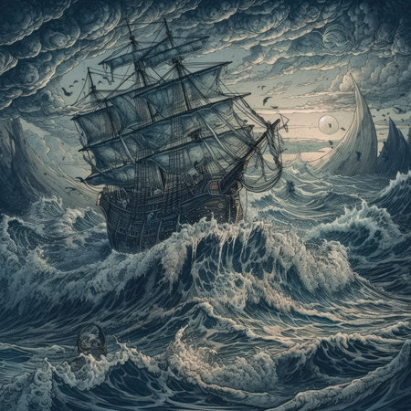 Pirate ship in stormy sea. Fantasy illustration. digital painting. Dark fantasy illustration, dark atmosphereの素材