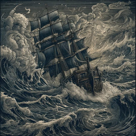 Sailing ship in stormy sea, hand-drawn illustration. Dark fantasy illustration, dark atmosphereの素材