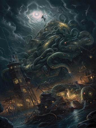 Fantasy illustration of a sea and an old church in the background. Dark fantasy illustration, dark atmosphereの素材