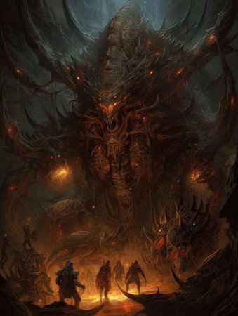 Fantasy landscape with fire and smoke. 3D illustration. computer generated. Dark fantasy illustration, dark atmosphereの素材