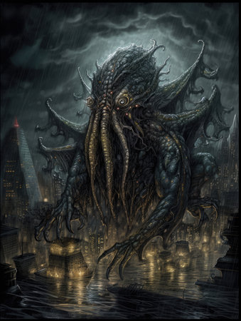 Dragon in the night city. Fantasy illustration. 3D rendering. Dark fantasy illustration, dark atmosphereの素材