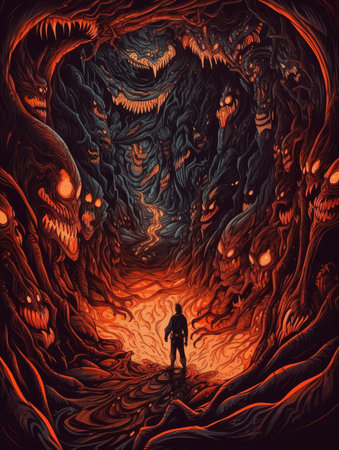 Silhouette of a man standing in an alien cave. vector illustration. Dark fantasy illustration, dark atmosphereの素材